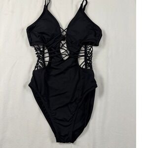 Ambrielle Black Monokini Cutout Strappy Lattice Swimsuit Small Gold Hardware